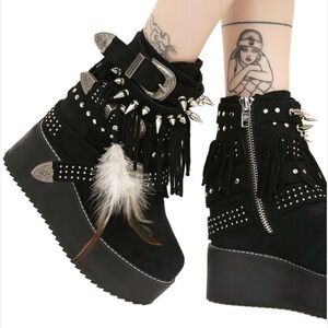 Current Mood Black Platform Fringe Ankle Boots with Studs & Feathers